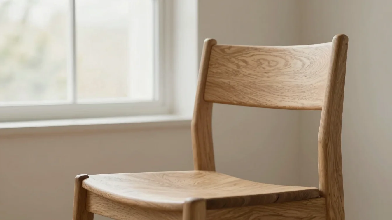 Close view of a solid oak chair with visible grain and a soft nat