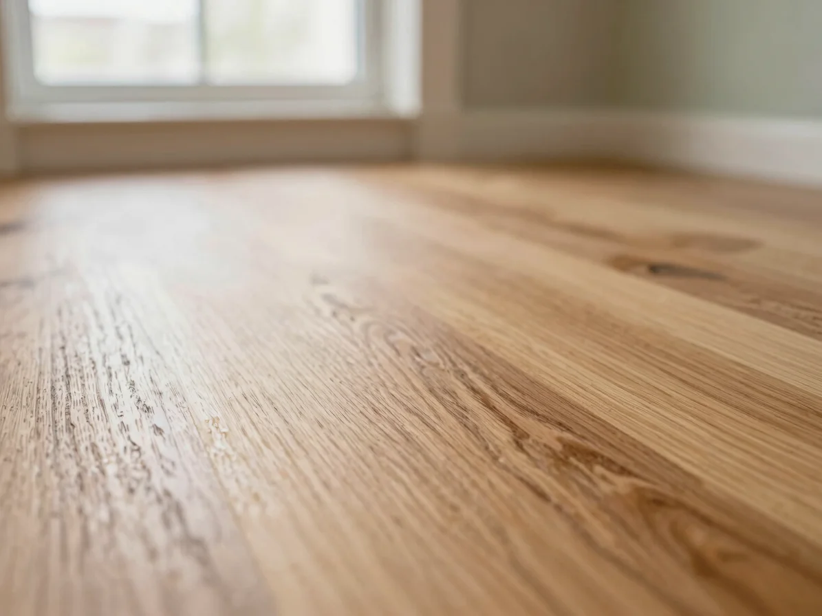 Close macro photograph of teak wood surface showing natural oil sheen and straight grain, soft window light, golden-brow