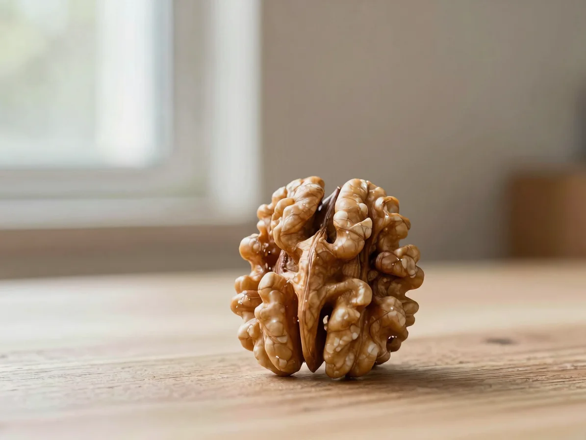 Macro photograph of European walnut timber with fine grain and deep brown tones, natural window light, calm contemporary