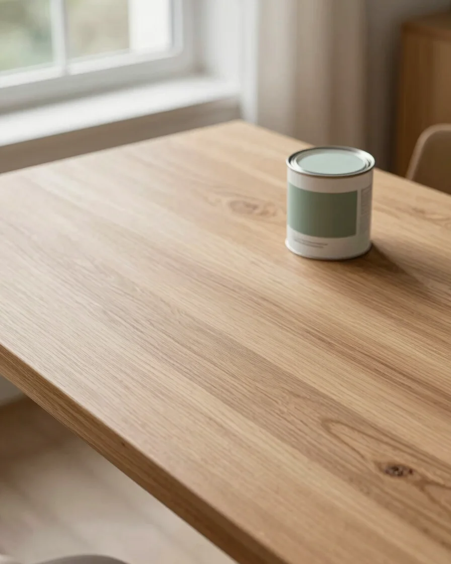 Overhead photograph of a solid oak tabletop with a matte hard-wax oil finish beside a sample of waterborne lacquer, soft