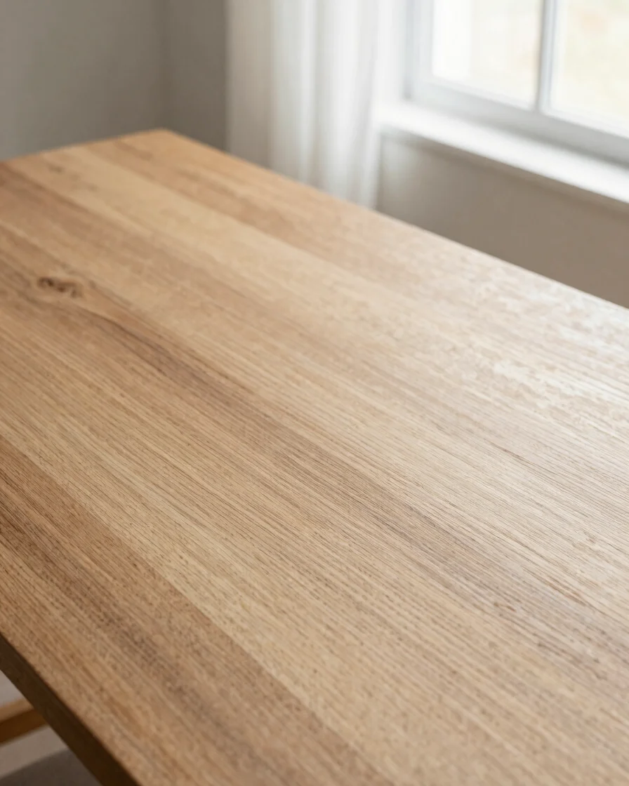 Close view of solid oak tabletop grain under soft natural window