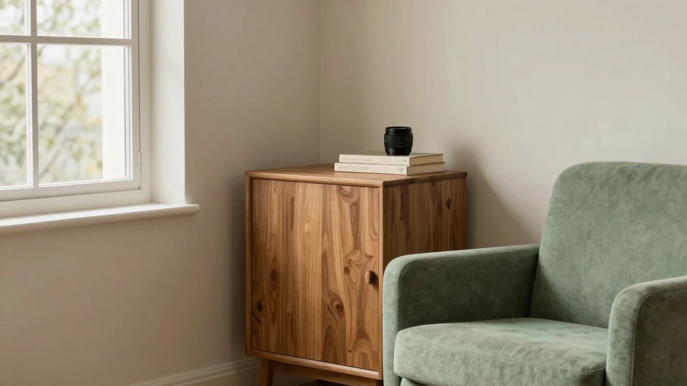 Lived-in reading corner with a solid wood cabinet and a sage-gree