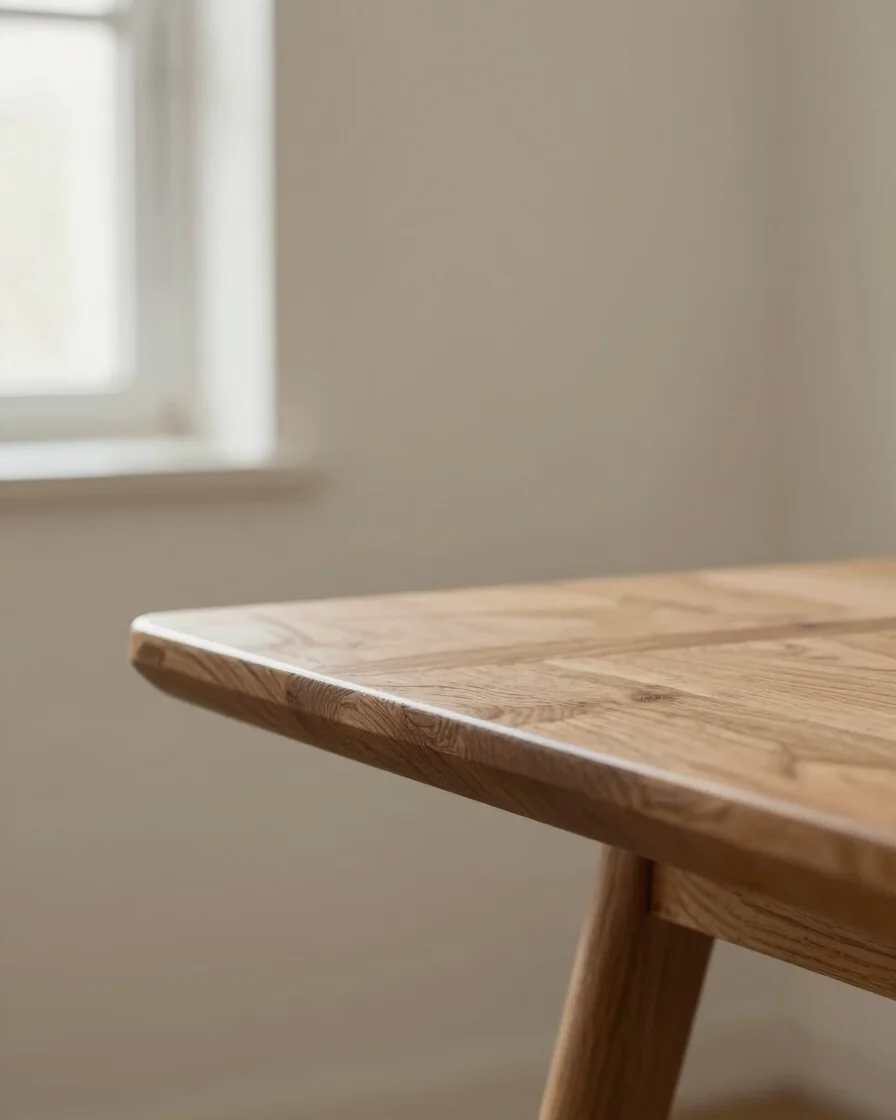 Close interior detail of a solid wood table edge in soft natural