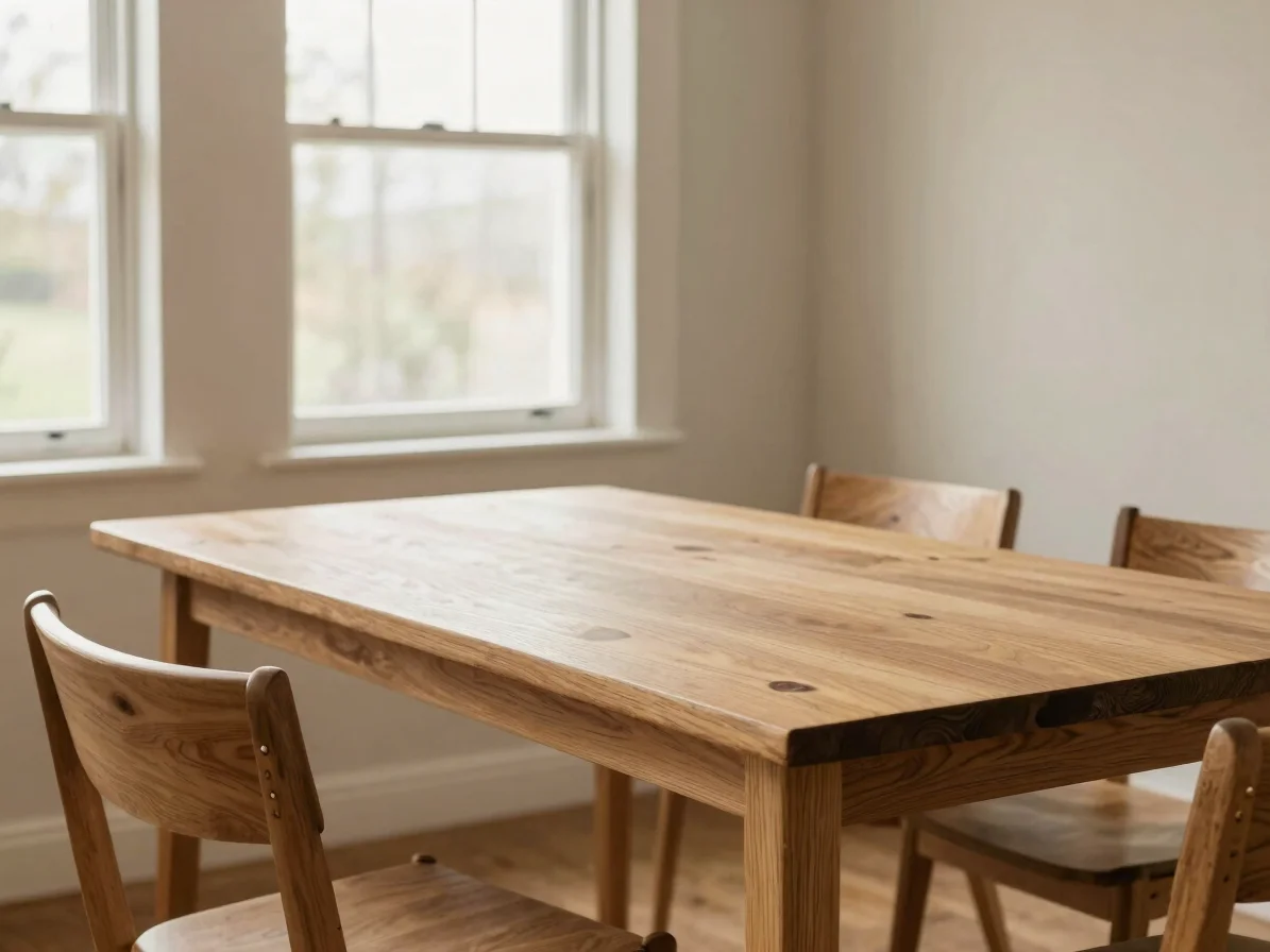 Solid oak dining table in a calm, lived-in dining room, soft natu