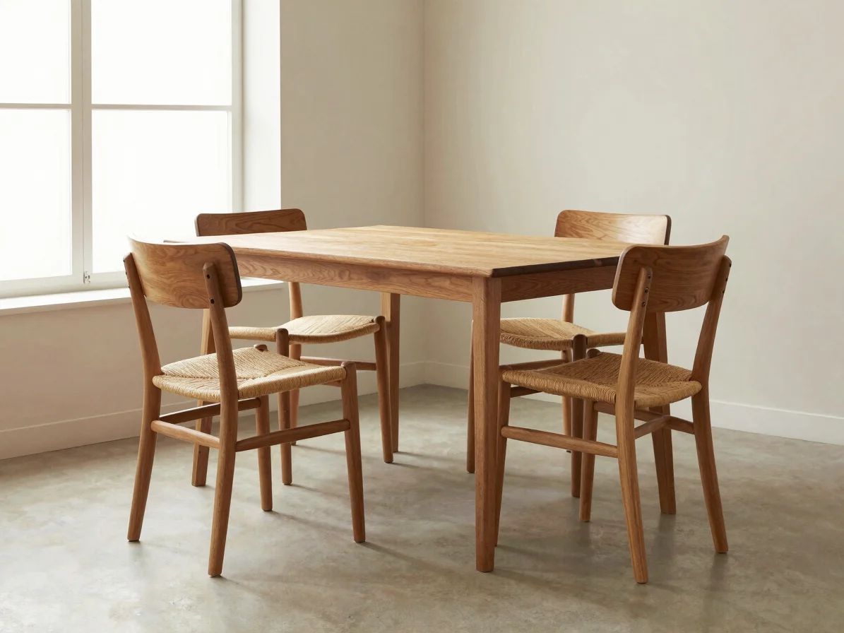 Set of solid walnut dining chairs with woven seats around a woode