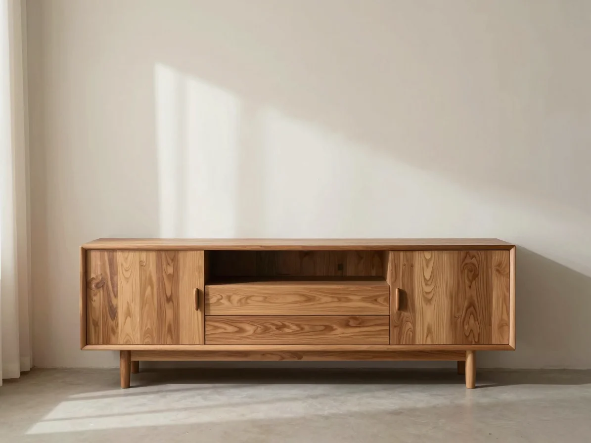 Solid wood credenza and integrated storage cabinet in a quiet liv