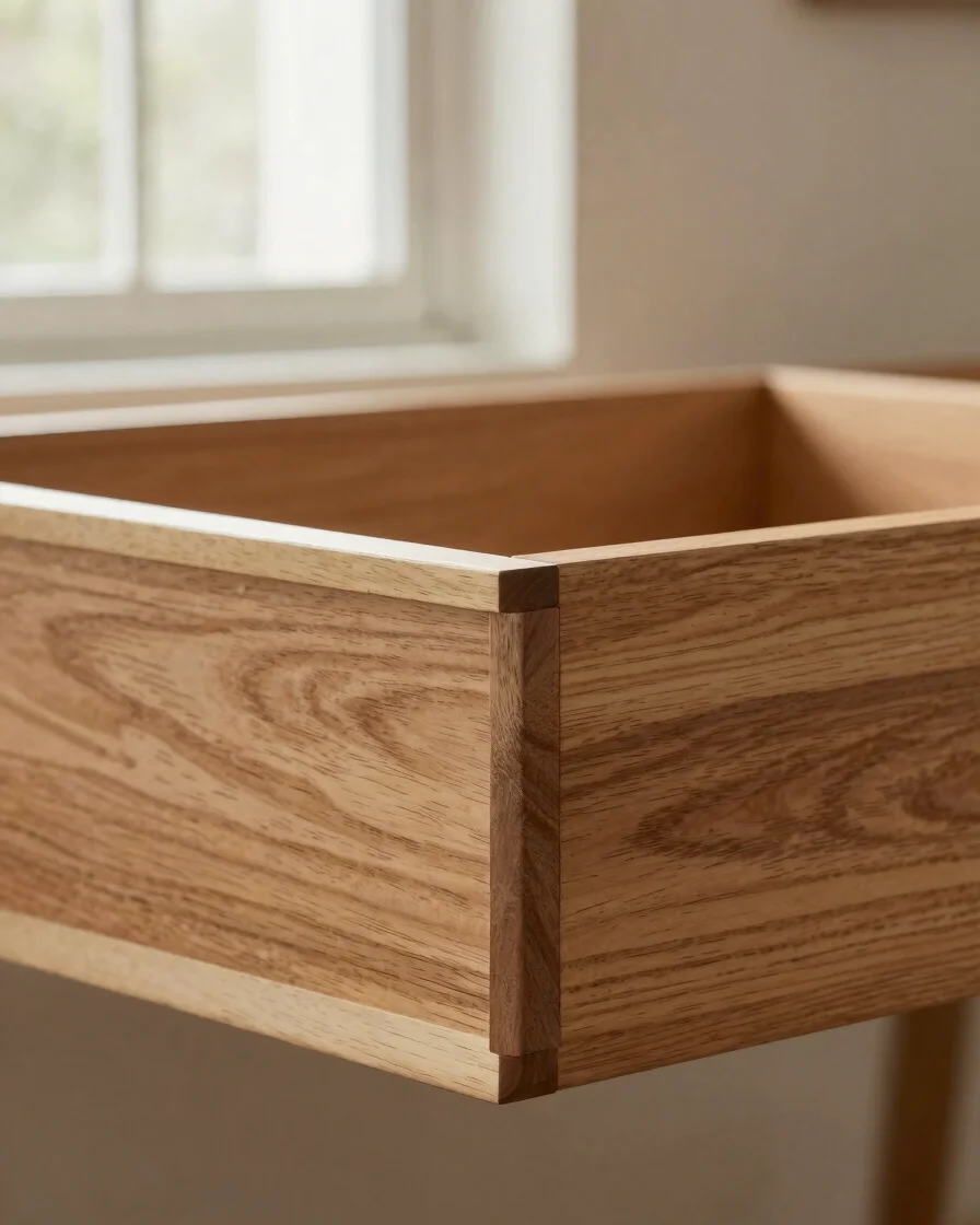 Close view of a dovetail joint in a solid wood drawer, soft natural window light, wood grain and clean edges visible, be