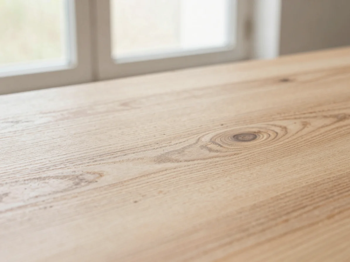 Close macro photograph of European oak wood grain with visible ring structure, soft natural window light, warm beige and