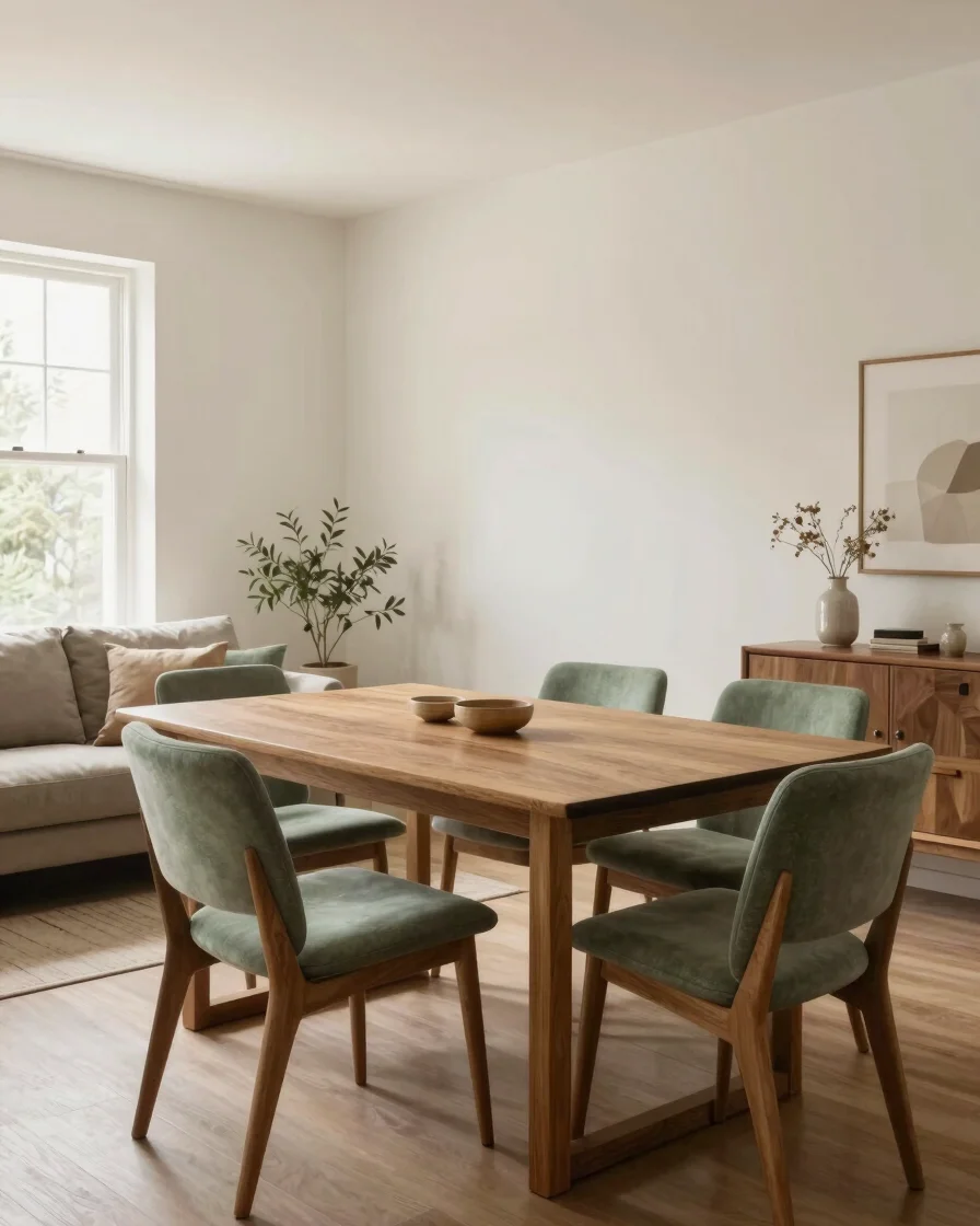 Wide interior of a calm living room with a solid oak dining table